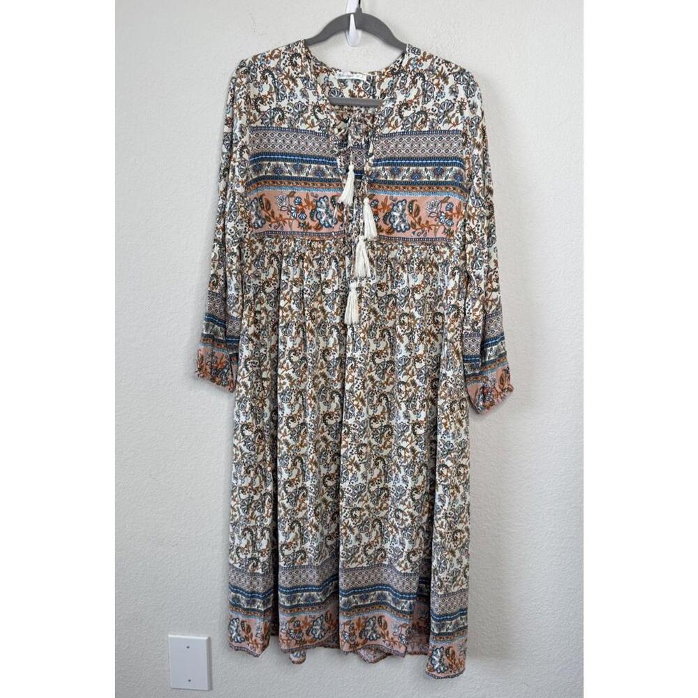 R.Vivimos Women's Floral Print Boho V‎ Neck Tassel Midi Dress Sz L 12/14 Prairie